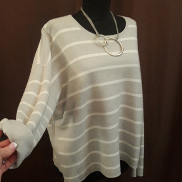 Eileen Fisher ORGANIC Cotton Silk Reversible Gray Striped Top Sweatshirt L $248 - Picture 10 of 10